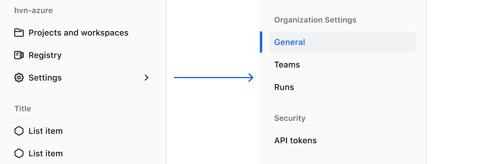 "Settings" list item with a right arrow icon to show that it has sub-items, with an example of the list of sub-items within settings; Organization Settings including "General", "Teams", and "Runs".
