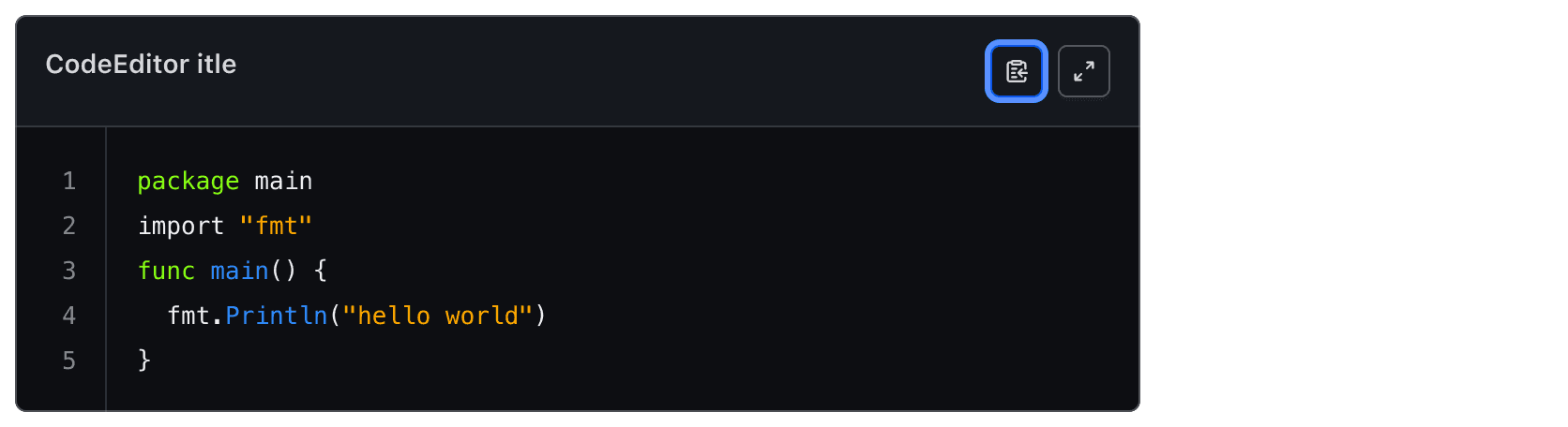 The first tabbed element in the Code Editor is the CopyButton, with it focused.